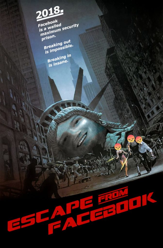 Modified Escape from New York movie poster, featuring Zuckerberg as the statue of Liberty.