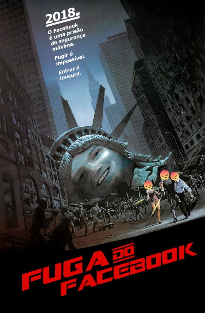 Versão alterada do cartaz do filme Fuga de Nova Iorque com a estátua da liberdade com a cara do Mark Zuckerberg.