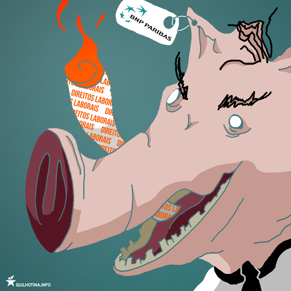 Porco antropomórfico com etiqueta na orelha do BNP Paribas e a fumar cigarro de direitos laborais