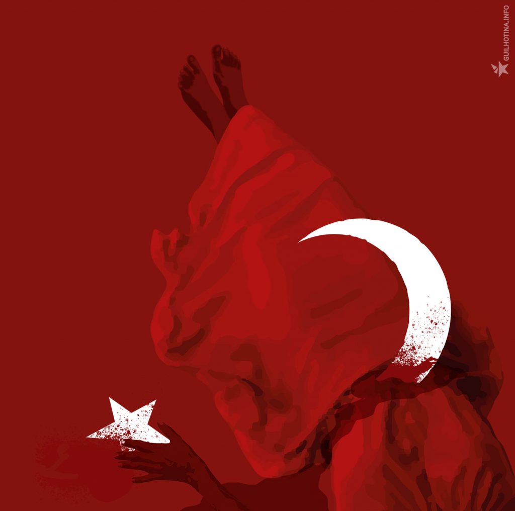 Ilustração de corpo de mulher trespassado pelo crescente da bandeira turca.