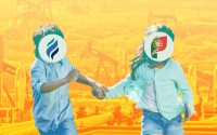 Two children with logos of Australis and the Portuguese State for faces running amidst an oil field.