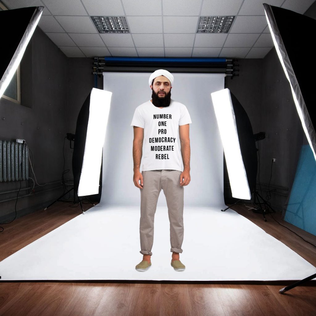 Leader of Al-Nusra in Syria as a clothing model in a studio wearing a "Number one pro democracy moderate rebel" t-shirt.