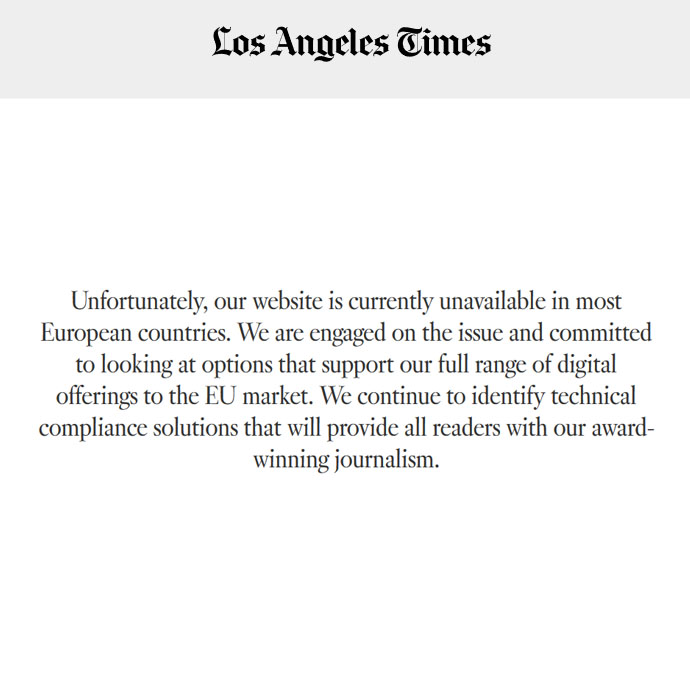 Screenshot of LA Times regional block for European users.