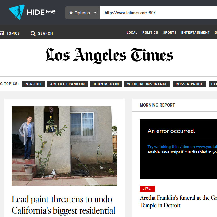 Screenshot of the LA Times being accessed via proxy.