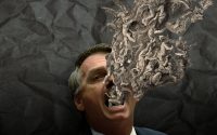 PSL candidate Bolsonaro with a drawing of the damned by Reubens coming out of his mouth.
