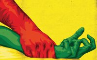 Male hand forcing down female arm by the wrist in red, green and yellow, the Portuguese flag colors.