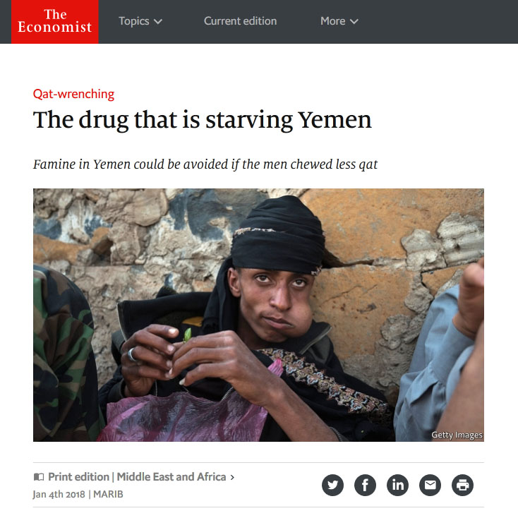 Screencapture of The Economist's article blaming Yemen famine on Qat consumption.