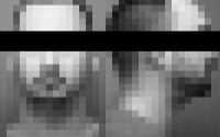 Pixelated black and white picture of detainee with a black stripe covering his eyes.