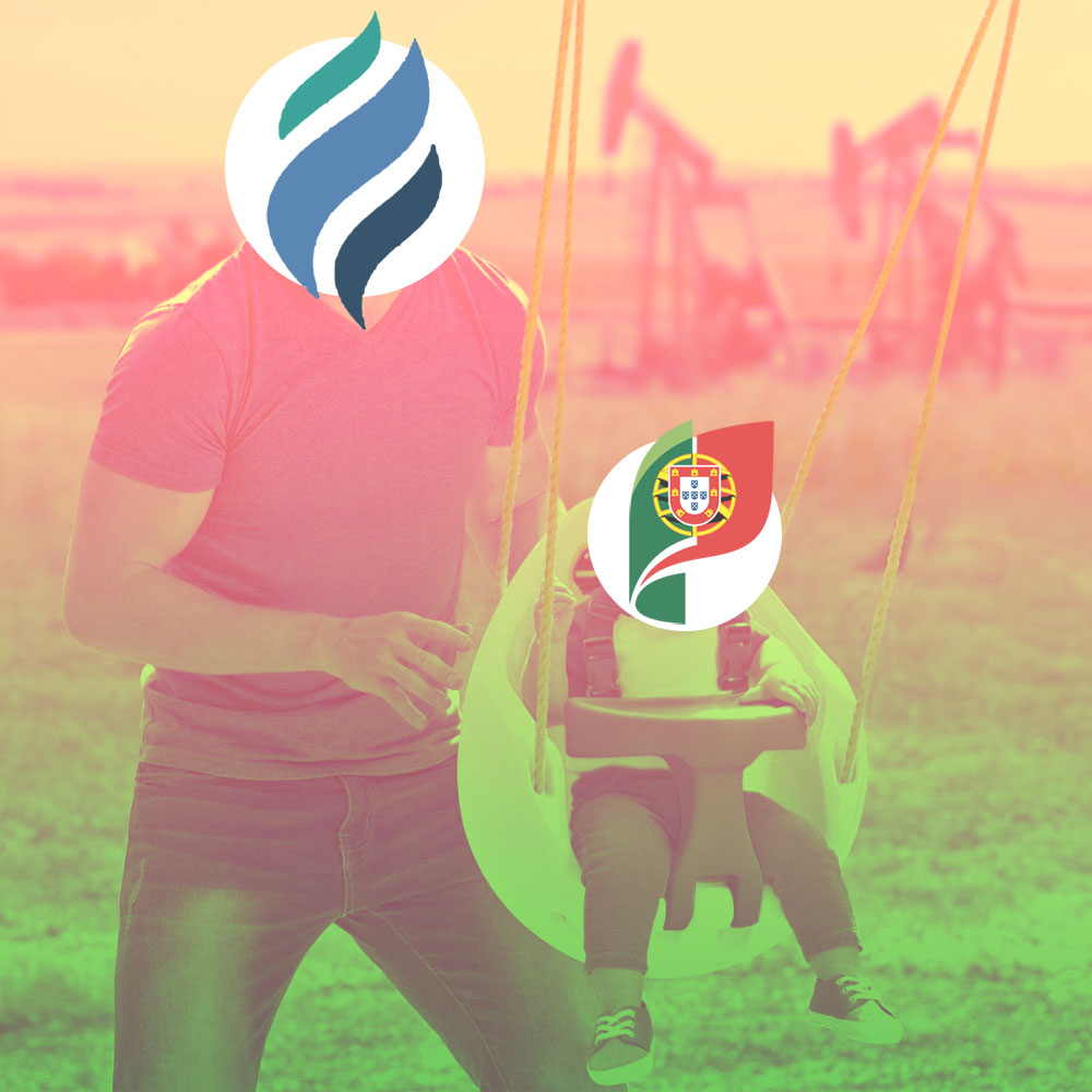 Man with Australis logo head pushing a child with a Portuguese State logo head on a swing. Background is oil drilling equipment.