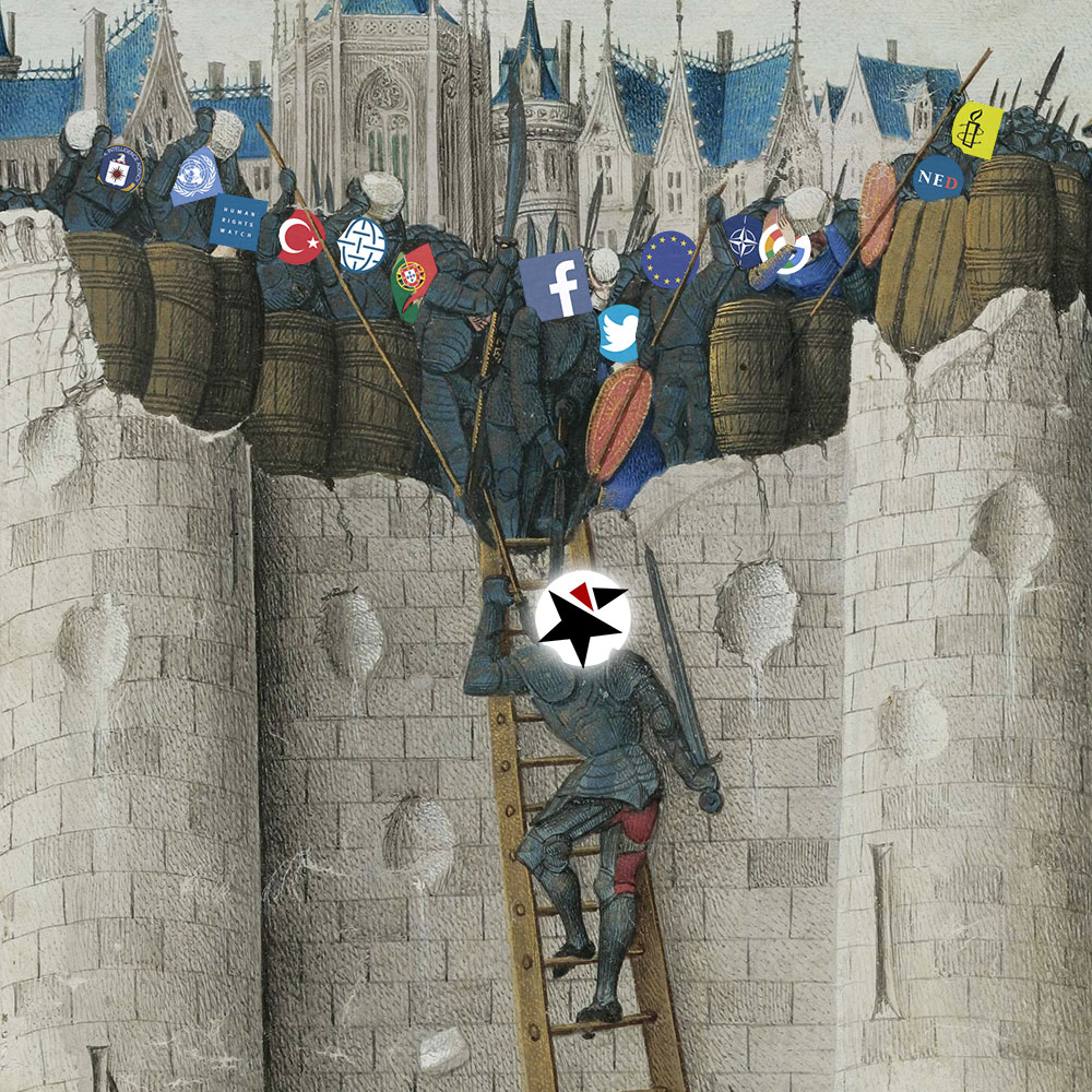 Medieval painting of knight climbing city walls with others throwing rocks at him from above.